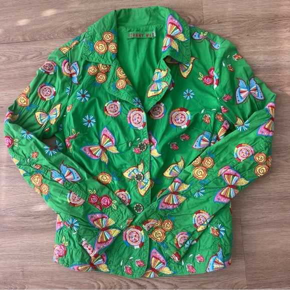 Johnny Was Green Butterfly Floral Embroidered Cropped Jacket Boho Size Small - Picture 5 of 9